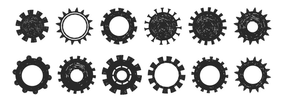 Gear machine wheel icon set, cog hand drawn sketch. Crayon rero settings cogs and gears line clipart, textured design elements. Setting gear icon. 