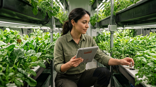 Female agricultural technician using a digital tablet to monitor plant growth in a modern indoor vertical hydroponic farm representing smart farming and sustainable agritech