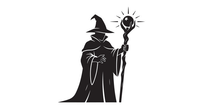 Mystical wizard silhouette holding magical staff, fantasy sorcerer in robes and pointed hat, black and white warlock vector illustration for gaming