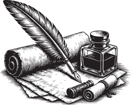 Quill Pen Beside Rolled Parchment Vector


