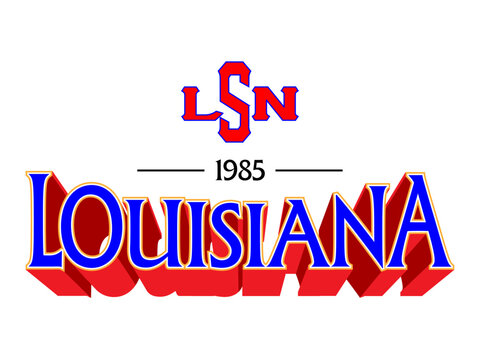 Vintage-style Louisiana varsity logo with 3D block typography and LSN monogram, established 1985.