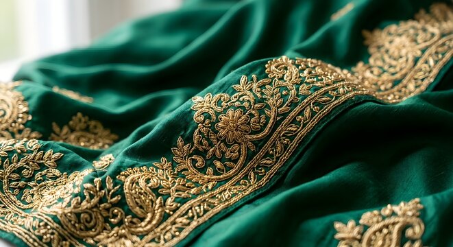 Close-up of Luxurious Emerald Green Fabric with Intricate Gold Embroidery and Zari Work