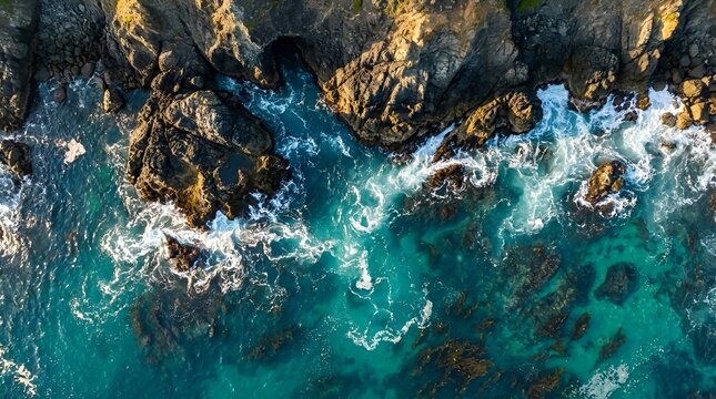 Aerial View of Coastal Rocks and Turquoise Ocean Waves Crashing