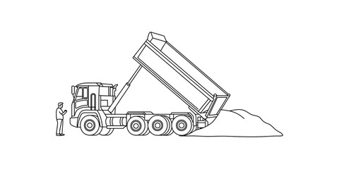 Dump truck unloading sand with a worker standing nearby line art © Graphics Art