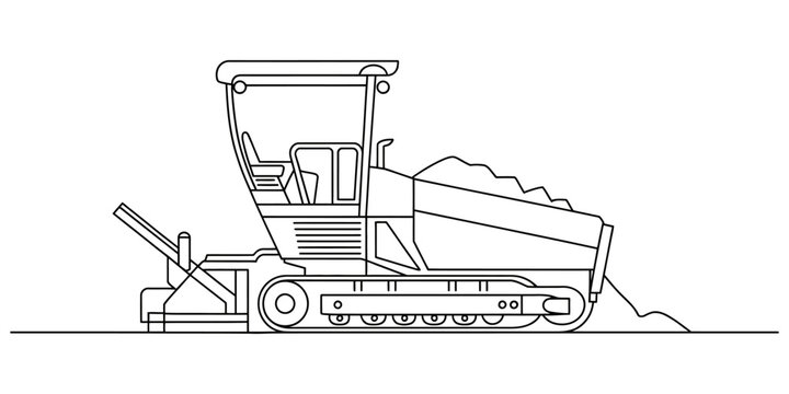 Black and white line drawing of a heavy construction asphalt paver