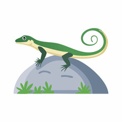 Fototapeta premium A green lizard stands on a rock surrounded by grass and plants.