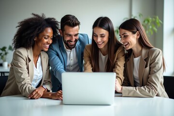 Fototapeta premium Diverse Business Team Collaborating Happily Around Laptop in Modern Office