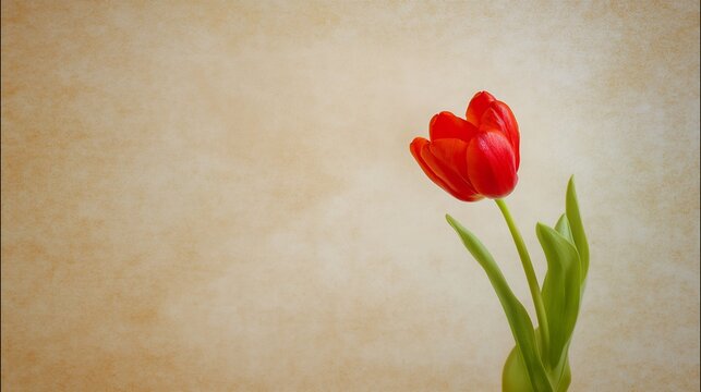 topdown. A single red tulip in soft focus, elegantly placed on a textured beige background. gardening catalogs, home-decor guides, designed for gardening and botanical catalogs, celebrates nature.