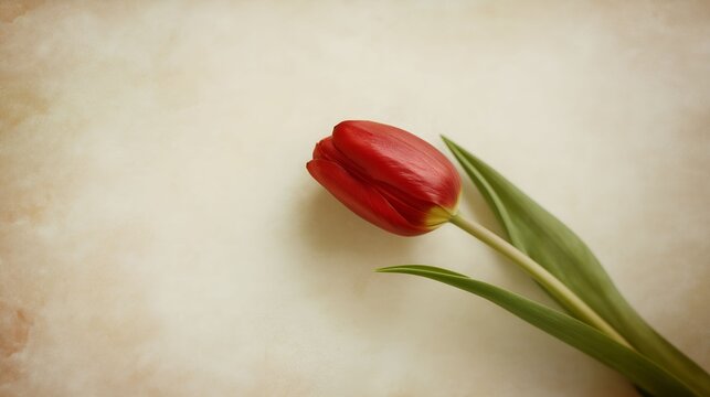 topdown. A single red tulip in soft focus, elegantly placed on a textured beige background. gardening catalogs, home-decor guides, designed for gardening and botanical catalogs, celebrates nature.
