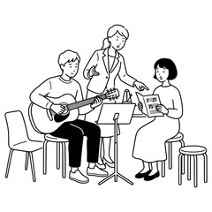 Fototapeta premium Musician learns guitar techniques from an instructor during a private lesson in a studio setting.