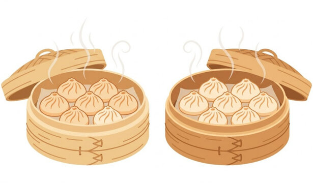 Steaming dumplings in bamboo baskets vector illustration with traditional Asian food concept in flat style