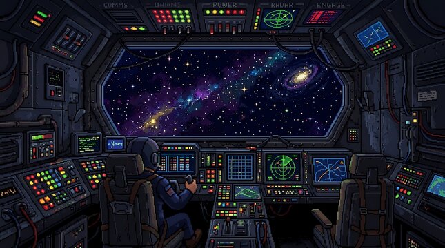 A pilot operating a high tech spaceship console in deep space