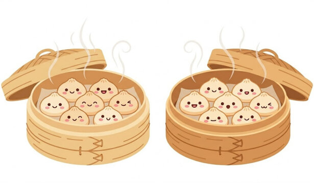Cute kawaii dumplings in steamer baskets with happy faces vector illustration for food character design