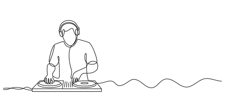 Continuous single line drawing of a dj playing music on turntable
