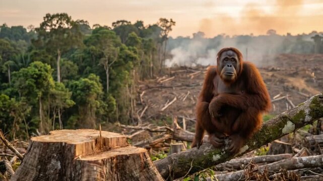 Lonely Orangutan in Deforested Landscape &ndash; Wildlife Conservation and Habitat Loss Concept