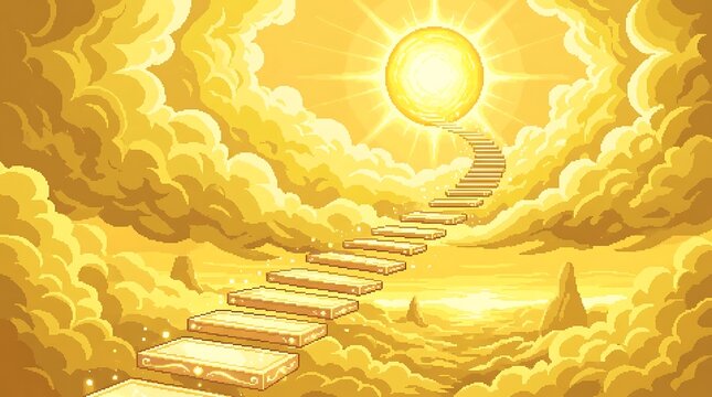 Vibrant pixel art staircase leading towards a glowing bright golden sun