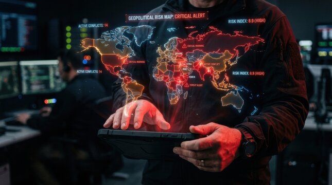 A person holds a tablet showing a holographic geopolitical risk map with alerts in a tech-focused control room during nighttime.