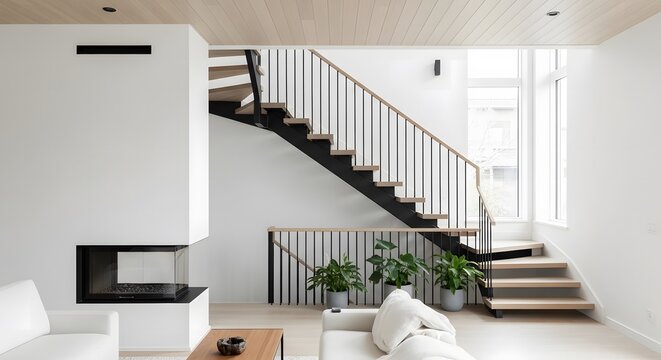 Modern minimalist interior with sleek staircase and fireplace