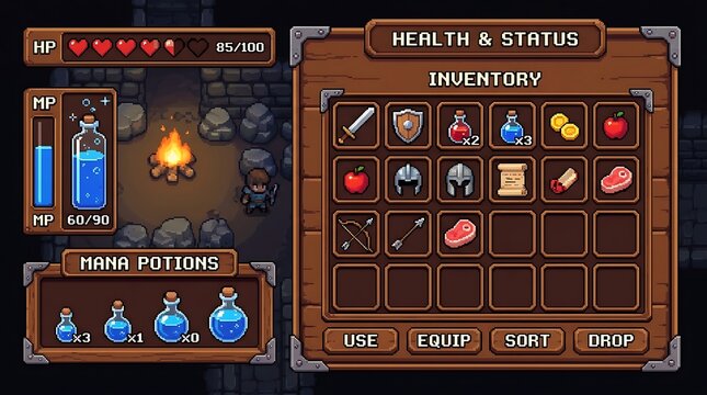 Detailed pixel art inventory menu screen for a fantasy role playing game