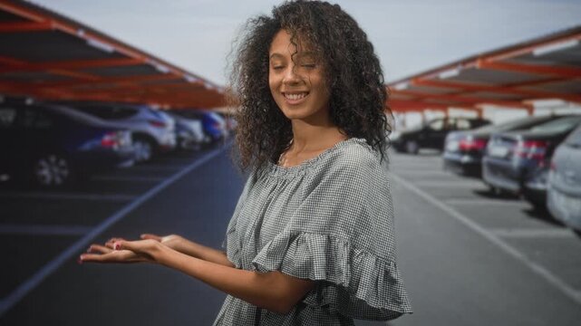 Teenage woman with curly hair smiles with palms up showing hands, presenting gesture in a street parking area; serenity.