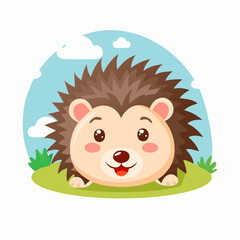 Fototapeta premium A cute cartoon hedgehog lies on green grass with blue sky background