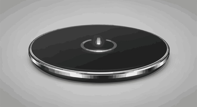 A dark, circular object with a silver rim featuring a power symbol