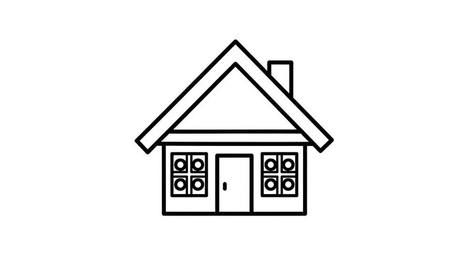 Black and white line of a simple house with a pitched roof and two windows home building