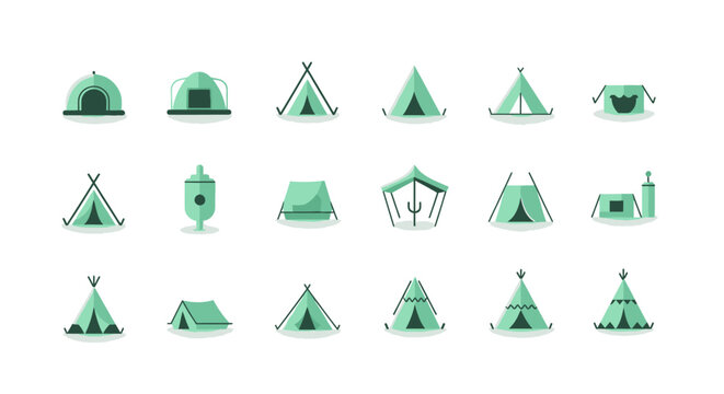 Collection of various green tent icons.