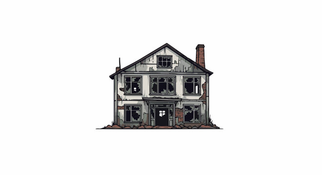 A dilapidated two-story house with broken windows and peeling paint