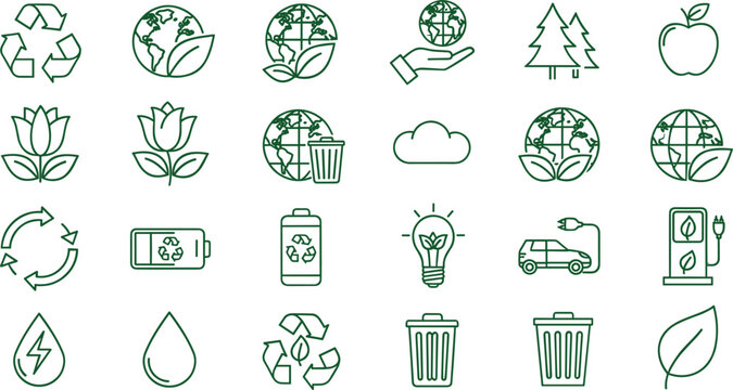Environmental Sustainability Line Icon Set Featuring Recycling, Green Energy, Nature, Conservation, and Eco-Friendly Practices Collection