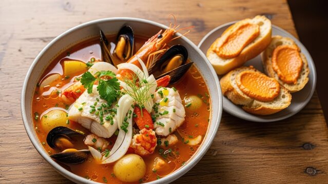 seafood cioppino stew in rustic bowl with garlic bread on wooden table