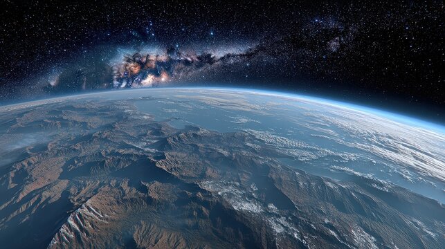 A breathtaking view of Earth from space with detailed landforms, clouds, and the Milky Way galaxy in the background under a starry night sky, ai everywhere abstract background