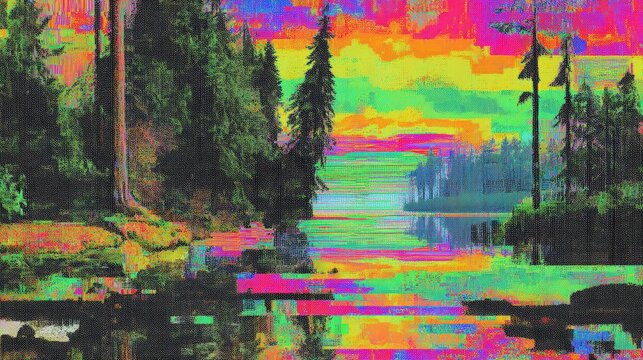 A pixelated, glitch-style digital artwork depicts a forest lake scene with vibrant, distorted colors and tall pine trees reflected in the water, ai everywhere abstract background