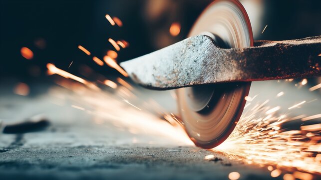 abrasive. Close-up of a grinding wheel sharpening an old knife with flying sparks in an industrial workshop. safety posters.