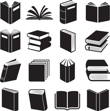 Collection of black book silhouettes in various positions and stacks for library or education concepts.