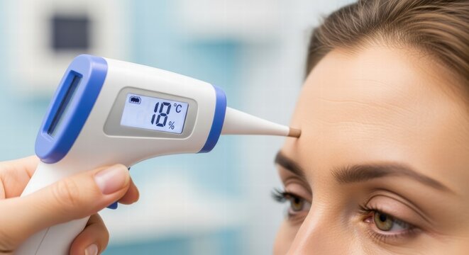 Close-up of a person's forehead being measured with a digital infrared thermometer