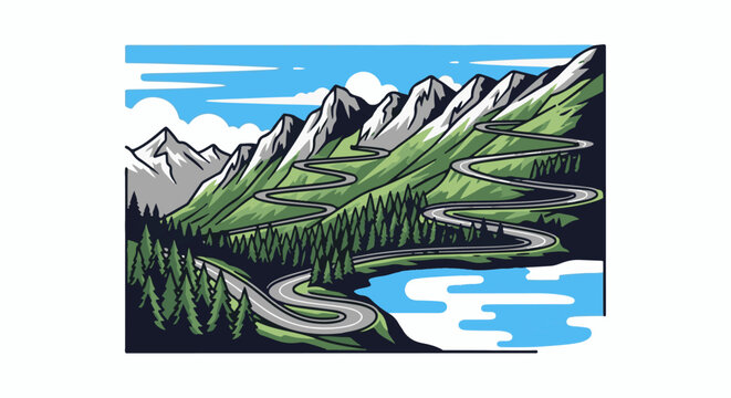 Winding mountain road curves beside a lake amidst evergreen trees and peaks