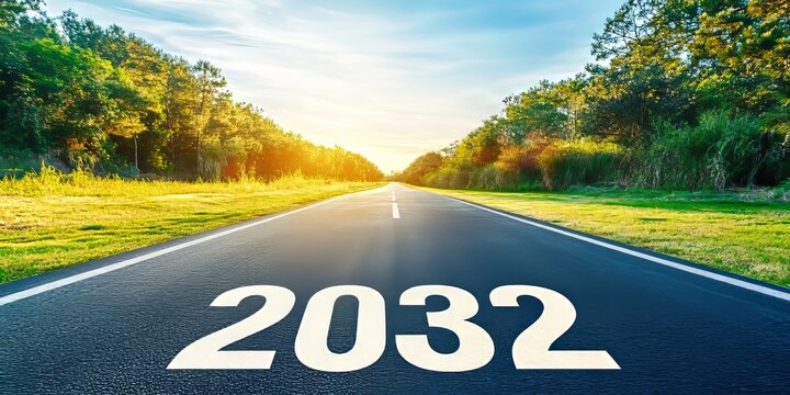 Vibrant Roadmarking on Asphalt Landscape in 2032 A Journey Through Greenery Under Radiant Sunlight