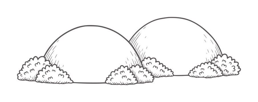 Two rounded hills with fluffy bushes at their bases in a style nature