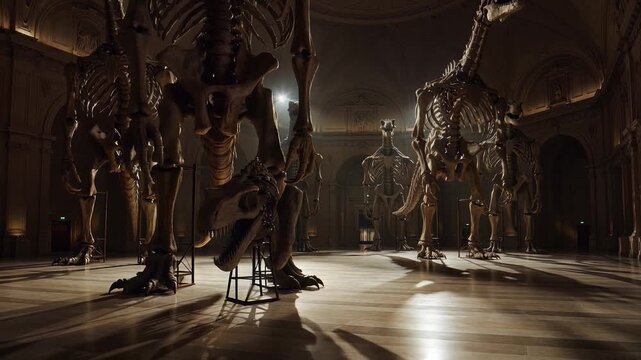 Massive Dinosaur Skeletons Displayed in a Darkened Museum Hall Gallery.