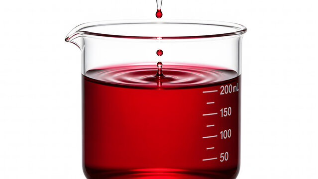 Red liquid dripping into clear laboratory beaker filled with brilliant translucent ruby red wine, science chemistry analysis or beverage test isolated on white background.