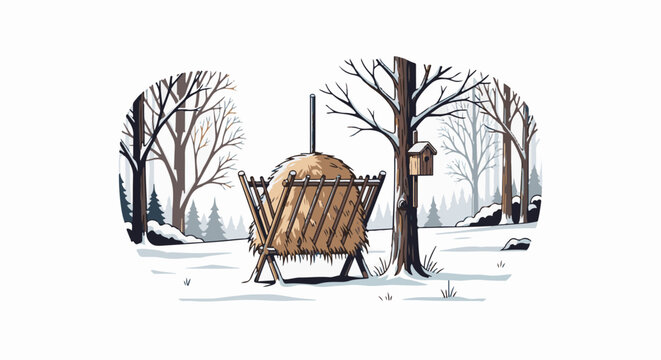 Winter scene with a hay feeder and birdhouse among snow-covered trees