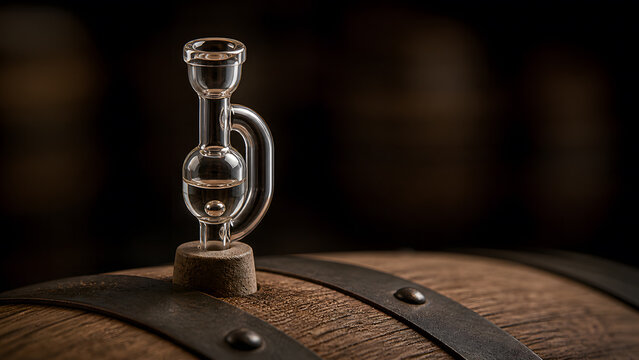 Glass wine bung airlock on top of oak wooden fermentation barrel in dark cellar, traditional winemaking process, brewing craft, and alcohol aging concept, 3d illustration.