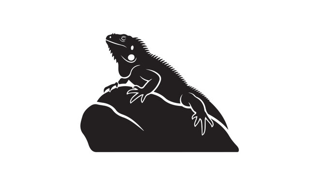 Iguana lizard silhouette on rock, black reptile vector icon, tropical lizard wildlife illustration, minimalist exotic animal logo design