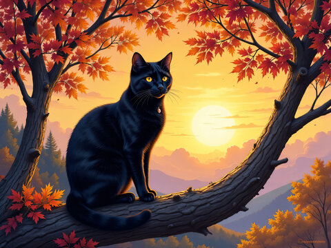 black cat on the tree