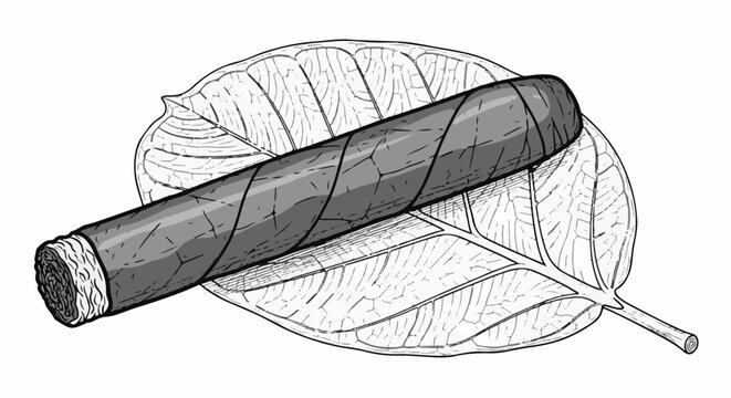 A grey cigar rests on a large, detailed tobacco leaf illustration