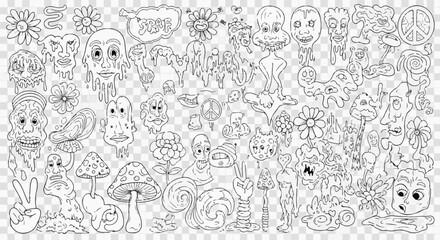 Obraz premium A surreal collage of melting faces, mushrooms, and peace signs, hand-drawn in black and white