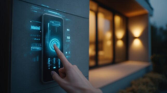 Modern smart home technology with interactive touchscreen. User engages with digital interface on exterior wall. Innovative design enhances convenience and security for homeowners.