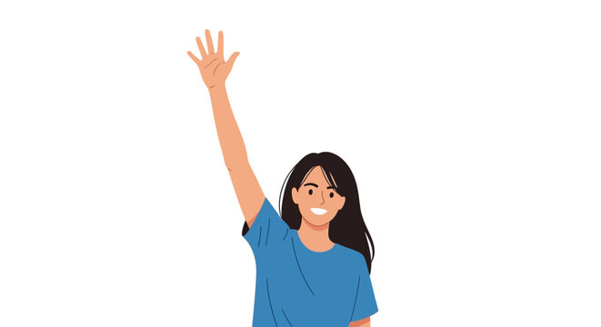 Woman with hand raised up smiling.