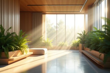 Fototapeta premium Modern Interior with Sunlight, Wooden Details, and Lush Green Ferns